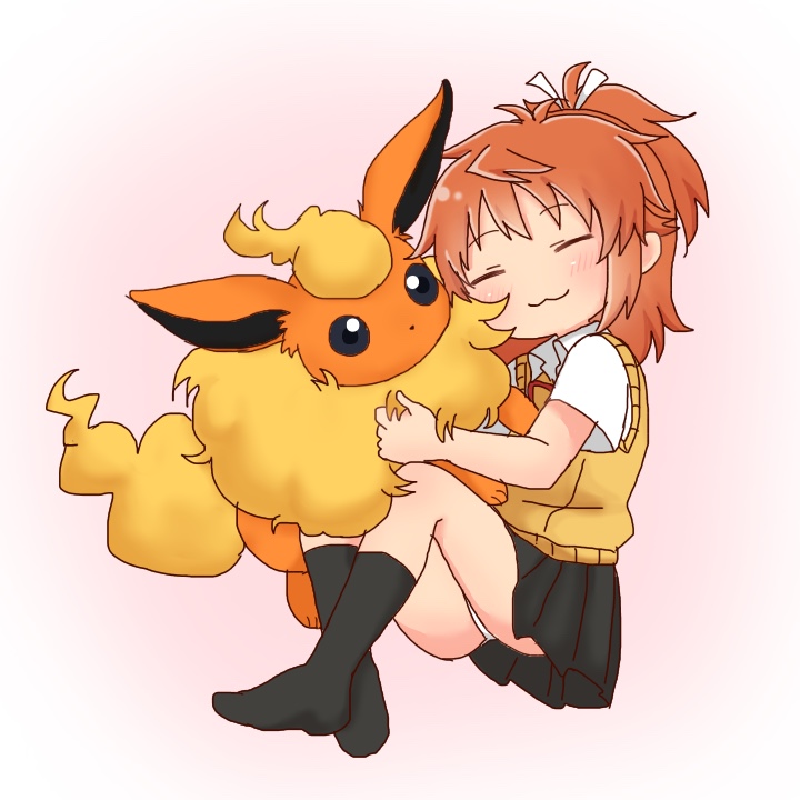 1girl :3 bangs black_legwear black_skirt blush brown_hair closed_eyes closed_mouth collared_shirt creatures_(company) crossover eyebrows_visible_through_hair flareon game_freak gen_1_pokemon hair_ribbon head_tilt high_ponytail kneehighs koshigaya_natsumi long_hair media_factory nintendo no_shoes non_non_biyori olm_digital panties pleated_skirt pokemon pokemon_(creature) pokemon_rgby ribbon school_uniform shika_(s1ka) shirt short_sleeves sidelocks silver_link skirt solo sweater_vest tv_tokyo underwear white_panties white_ribbon white_shirt