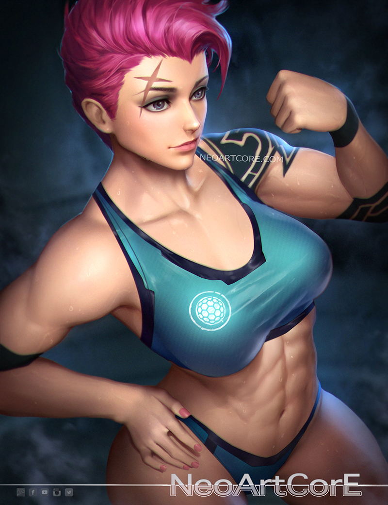 1girl abs bare_shoulders breasts brown_eyes collarbone hand_on_hip lips nail_polish navel nudtawut_thongmai overwatch pink_hair scar short_hair smile solo tattoo thighs zarya_(overwatch)