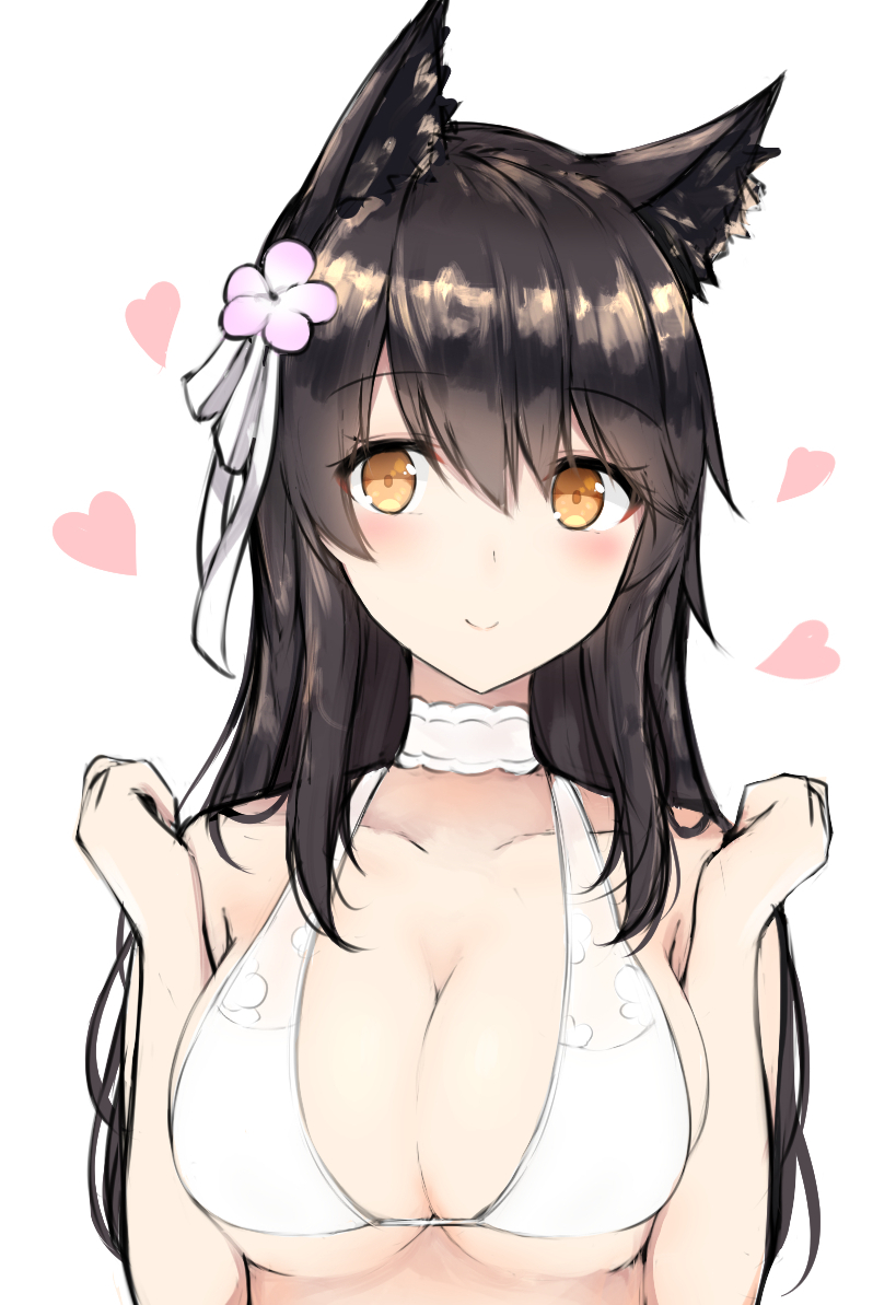 1girl animal_ears atago_(azur_lane) azur_lane bangs bare_arms bare_shoulders bikini_top black_hair blush breast_squeeze breasts choker cleavage closed_mouth collarbone eyebrows_visible_through_hair flower hair_between_eyes hair_flower hair_ornament heart large_breasts linez long_hair long_sleeves looking_at_viewer simple_background smile solo under_boob upper_body white_background white_bikini_top white_neckwear yellow_eyes