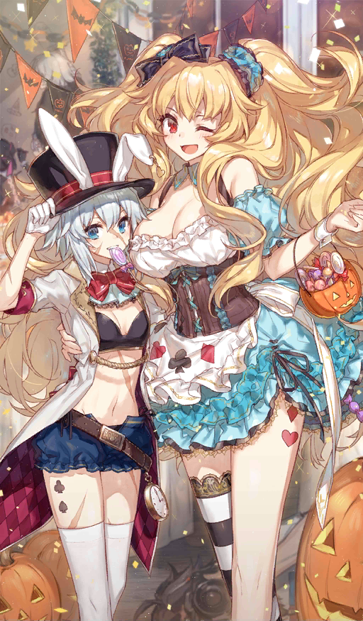 ;d alice_(wonderland) alice_(wonderland)_(cosplay) alice_in_wonderland animal_ears anne_bonny_(fate/grand_order) arm_around_back assassin_of_black asymmetrical_legwear banner blonde_hair blue_eyes bow bowtie breasts camera candy chocoan cleavage club_(shape) coattails confetti corset cosplay diamond_(shape) dress edward_teach_(fate/grand_order) facial_scar fake_animal_ears fate/grand_order fate_(series) food gloves hair_bow half_gloves hand_on_headwear hat hat_with_ears heart jack-o'-lantern jeanne_alter jeanne_alter_(santa_lily)_(fate) large_breasts lollipop long_hair mary_read_(fate/grand_order) midriff mouth_hold navel nursery_rhyme_(fate/extra) off-shoulder_dress off_shoulder official_art one_eye_closed open_mouth rabbit_ears red_eyes ribbon ruler_(fate/apocrypha) scar short_hair short_shorts shorts smile spade_(shape) striped striped_legwear swirl_lollipop thigh-highs top_hat two_side_up very_long_hair white_hair white_legwear white_rabbit white_rabbit_(cosplay) wrist_cuffs