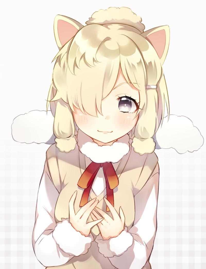 1girl alpaca_ears alpaca_suri_(kemono_friends) animal_ears beige_vest blonde_hair blush fur-trimmed_sleeves fur_collar fur_trim grey_eyes hair_bun hair_over_one_eye hair_tie hands_on_own_chest heart heart-shaped_pupils kemono_friends leafwow light_smile long_sleeves looking_at_viewer plaid plaid_background short_over_long_sleeves solo symbol-shaped_pupils upper_body vest white_background