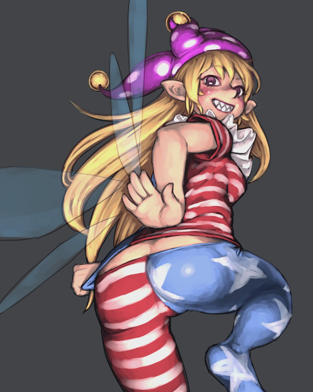 1girl american_flag american_flag_legwear american_flag_shirt ass bare_arms blonde_hair butt_crack clownpiece cowboy_shot eyebrows_visible_through_hair fairy_wings fingernails frilled_shirt_collar frills from_behind gengoroumaru_(ambidextrous) grin hat highres jester_cap knee_up leaning_forward long_hair looking_at_viewer looking_back neck_ruff pantyhose pointy_ears print_legwear sharp_fingernails shirt_tug short_sleeves smile solo standing standing_on_one_leg star star_print striped touhou violet_eyes wings wrist_extended