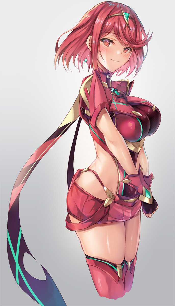 1girl bangs black_gloves blush breasts closed_mouth earrings fingerless_gloves gem gloves grey_background headpiece highres hinot pyra_(xenoblade) jewelry large_breasts looking_at_viewer red_eyes red_legwear red_shorts redhead short_hair shorts shoulder_armor smile swept_bangs thigh-highs thighs tiara xenoblade_(series) xenoblade_2