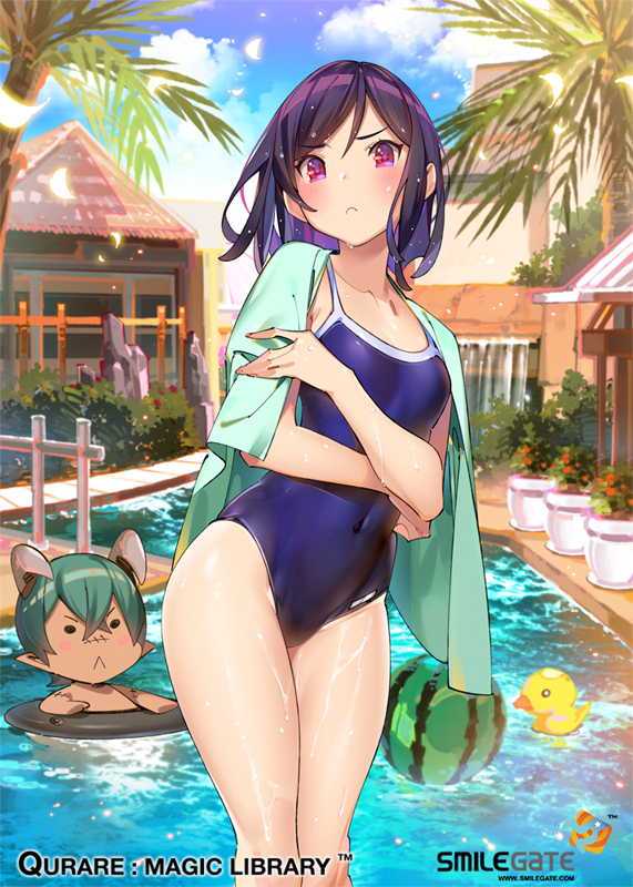 1girl bare_legs blue_sky blue_swimsuit blush building closed_eyes clouds cloudy_sky copyright_name covered_navel creature day eyebrows_visible_through_hair frown horns innertube legs_together looking_at_viewer official_art one-piece_swimsuit outdoors palm_tree pink_eyes pool pop_kyun purple_hair qurare_magic_library rubber_duck sky standing swimsuit towel tree watermark wet wet_clothes