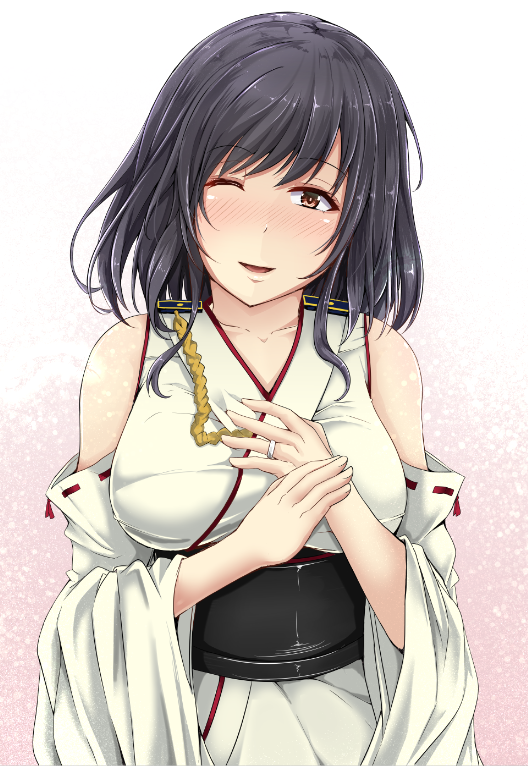 1girl black_hair blush breasts detached_sleeves japanese_clothes jewelry kantai_collection large_breasts looking_at_viewer no_headgear nontraditional_miko obi one_eye_closed red_eyes ring sash shohei_(piranha5hk) short_hair solo wedding_ring white_background wide_sleeves yamashiro_(kantai_collection)