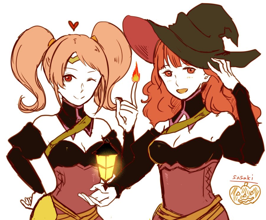 2girls celica_(fire_emblem) fire_emblem fire_emblem_echoes:_mou_hitori_no_eiyuuou fire_emblem_gaiden fire_emblem_heroes grin halloween halloween_costume hat intelligent_systems lantern long_hair looking_at_viewer mae_(fire_emblem) multiple_girls nintendo pink_hair redhead signature simple_background smile super_smash_bros. twintails wavy_hair witch witch_hat