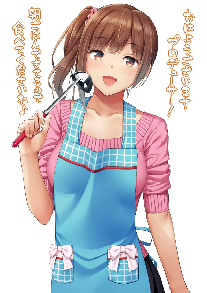 1girl apron bangs black_skirt blue_apron blush brown_eyes brown_hair collarbone commentary_request eyebrows_visible_through_hair hand_up idolmaster idolmaster_cinderella_girls igarashi_kyouko ladle long_hair looking_at_viewer open_mouth pink_sweater scrunchie side_ponytail simple_background skirt sleeves_rolled_up smile solo sweater translation_request umihotaru_harumare white_background