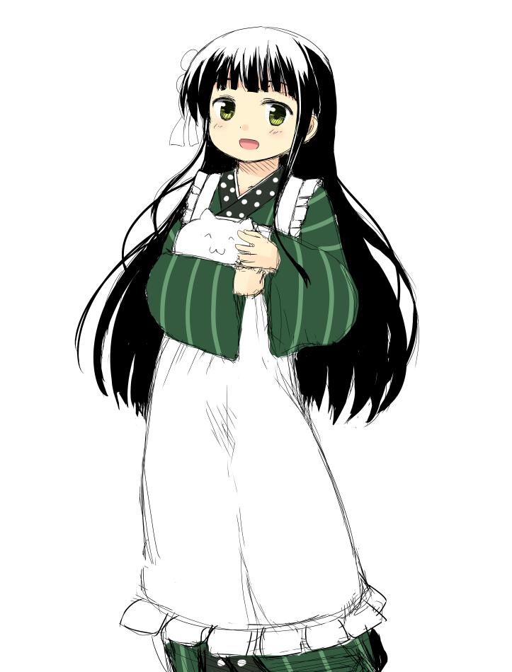 1girl :d ^_^ ama_usa_an_uniform angora_rabbit animal apron bangs black_hair blunt_bangs blush closed_eyes collarbone commentary_request flower frilled_apron frills gochuumon_wa_usagi_desu_ka? green_eyes green_kimono hair_flower hair_ornament holding holding_animal japanese_clothes kimono long_hair long_sleeves looking_at_viewer maid_apron open_mouth phantom2071 polka_dot_trim rabbit ribbon simple_background sketch smile standing striped striped_kimono tippy_(gochiusa) ujimatsu_chiya white_apron white_background white_flower white_ribbon wide_sleeves