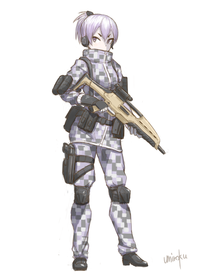 1girl assault_rifle bangs belt_pouch black_gloves covered_mouth fingerless_gloves frown full_body gloves gun hair_between_eyes handgun headphones holster jacket knee_pads looking_to_the_side military pants pistol ponytail pouch purple_hair rifle short_hair signature simple_background soldier solo standing trigger_discipline umiroku violet_eyes weapon white_background