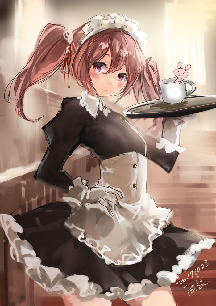 1girl alternate_costume apron black_dress cowboy_shot cup dated dress enmaided gloves hair_bobbles hair_ornament hand_on_hip kantai_collection looking_at_viewer maid maid_headdress pink_eyes pink_hair rabbit sazanami_(kantai_collection) short_hair signature solo toka_(marchlizard) tray twintails white_apron white_gloves
