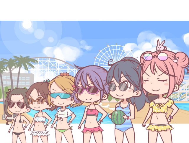 6+girls ahoge akebono_(kantai_collection) alternate_hairstyle ayanami_(kantai_collection) bandaid bandaid_on_face bikini blush_stickers closed_eyes crab double_bun eyewear_on_head food fruit hand_on_hip kantai_collection multiple_girls navel oboro_(kantai_collection) ponytail pori_(poritan81) rabbit sazanami_(kantai_collection) scrunchie shikinami_(kantai_collection) short_hair smile star-shaped_glasses sunglasses swimsuit tagme ushio_(kantai_collection) watermelon