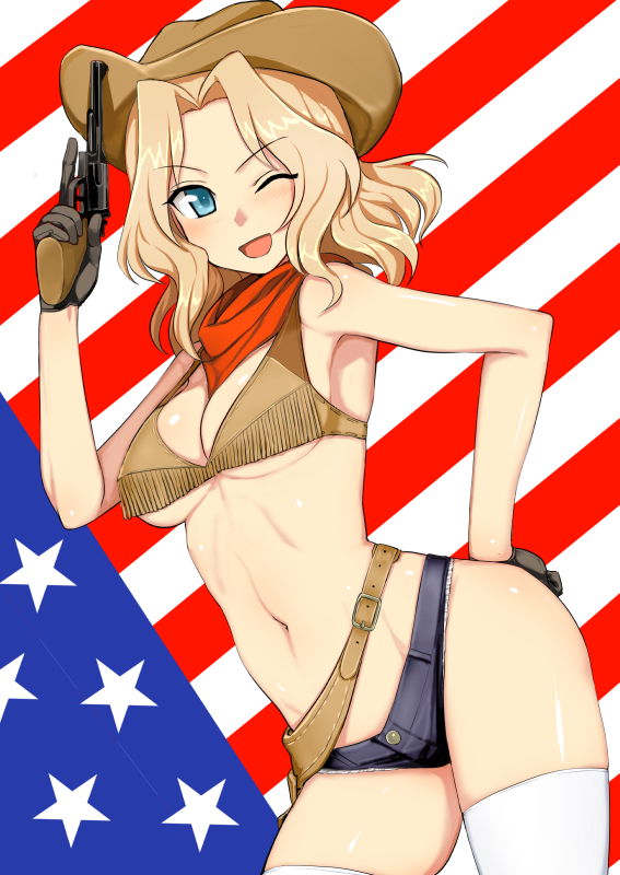 1girl ;d american_flag blonde_hair blue_eyes blush breasts cleavage cowboy_hat denim denim_shorts flag_background girls_und_panzer gloves gun hand_on_hip hat holster kay_(girls_und_panzer) kumadano medium_breasts navel one_eye_closed open_mouth scarf short_shorts shorts smile solo thigh-highs under_boob weapon western white_legwear