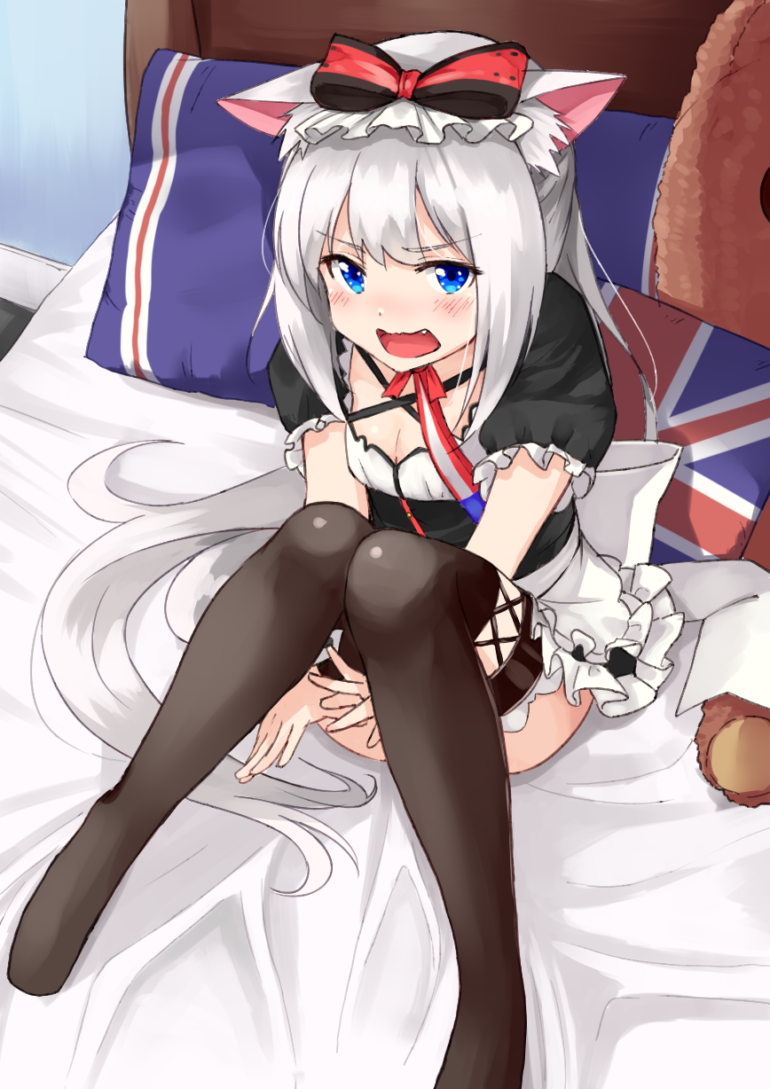 1girl animal_ears apron azur_lane bangs bed black_legwear black_shirt black_skirt blue_eyes blush bow breasts cat_ears cleavage commentary_request criss-cross_halter eyebrows_visible_through_hair fang flag_print frilled_apron frilled_skirt frilled_sleeves frills from_above hair_bow halterneck hamann_(azur_lane) highres indoors long_hair looking_at_viewer looking_up on_bed open_mouth pillow ponytail puffy_short_sleeves puffy_sleeves shirt short_sleeves sidelocks silver_hair sitting sitting_on_bed skirt small_breasts solo striped striped_bow thigh-highs tsukiman union_jack very_long_hair waist_apron wavy_mouth white_apron