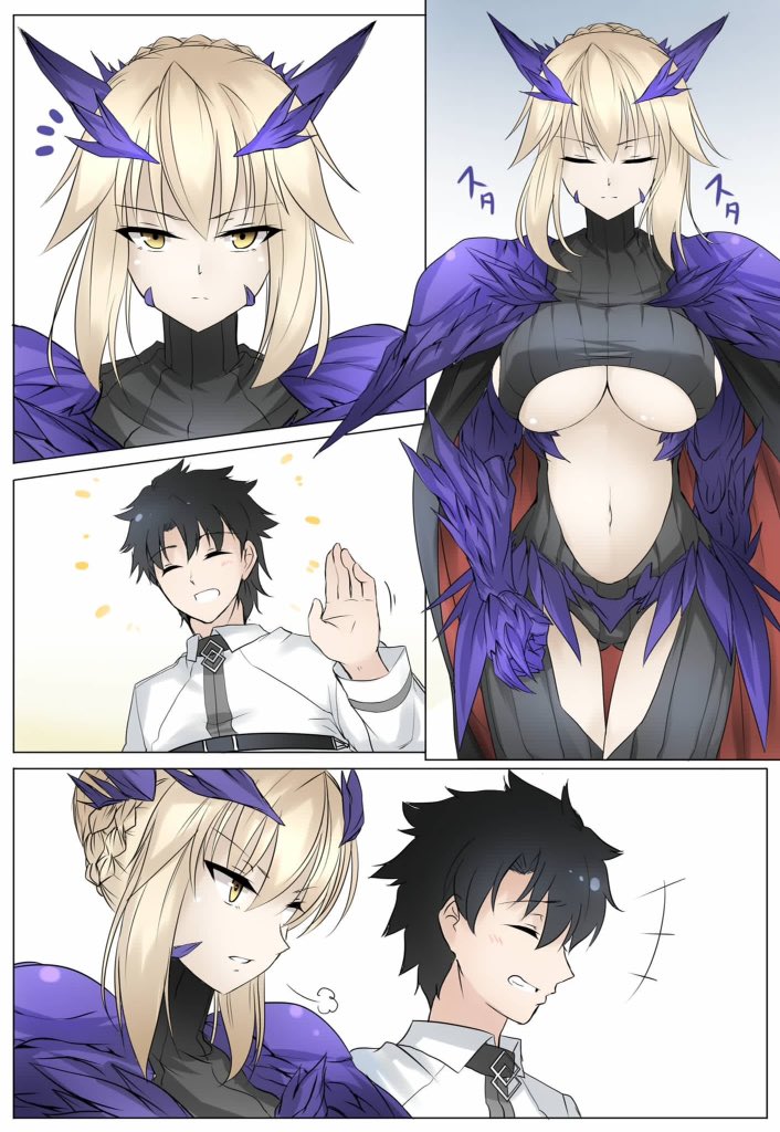 +++ 1boy 1girl :d =3 ^_^ artoria_pendragon_(all) artoria_pendragon_(lancer_alter) bangs blonde_hair breasts cape closed_eyes cowboy_shot fate/grand_order fate_(series) fujimaru_ritsuka_(male) gauntlets horns koro_(tyunnkoro0902) large_breasts looking_at_another navel open_mouth parted_lips pauldrons smile stomach under_boob upper_body yellow_eyes
