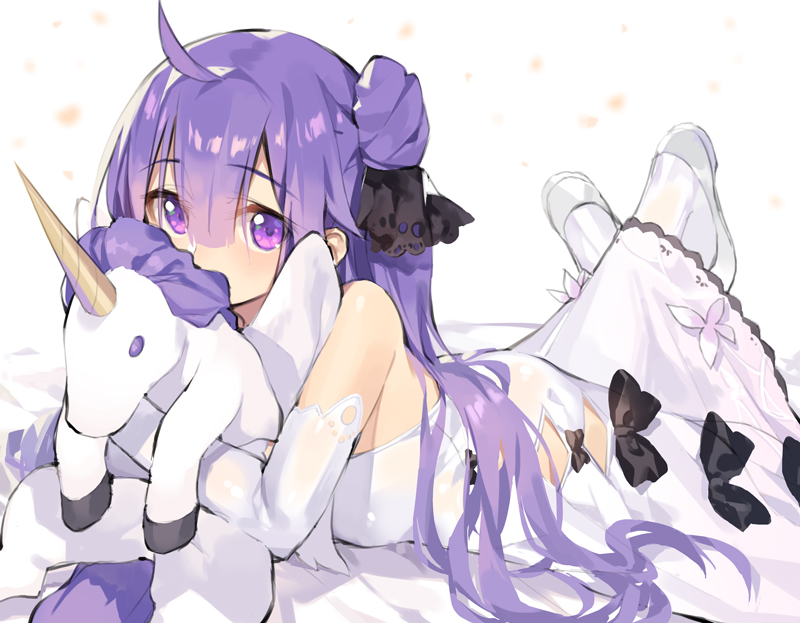 1girl aemochi azur_lane bangs bed_sheet black_bow black_ribbon bow commentary_request covered_mouth detached_sleeves dress eyebrows_visible_through_hair hair_between_eyes hair_bun hair_ribbon long_hair looking_at_viewer lying object_hug on_bed on_stomach pantyhose purple_hair ribbon shoes side_bun sleeveless sleeveless_dress solo stuffed_animal stuffed_toy stuffed_unicorn unicorn_(azur_lane) very_long_hair violet_eyes white_background white_dress white_footwear white_legwear white_sleeves