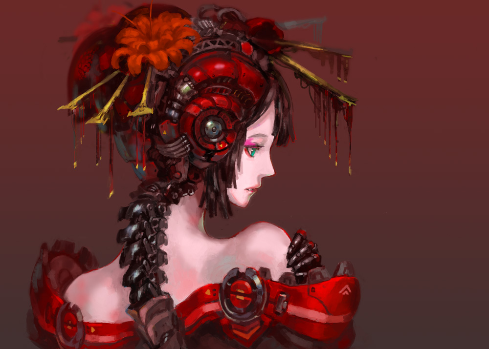1girl android bare_shoulders black_hair blue_eyes brown_background closed_mouth commentary_request cyborg denki eyeshadow flower from_behind hair_flower hair_ornament hairpin lipstick makeup mechanical_arm oiran original parts_exposed profile red_lipstick short_hair simple_background solo