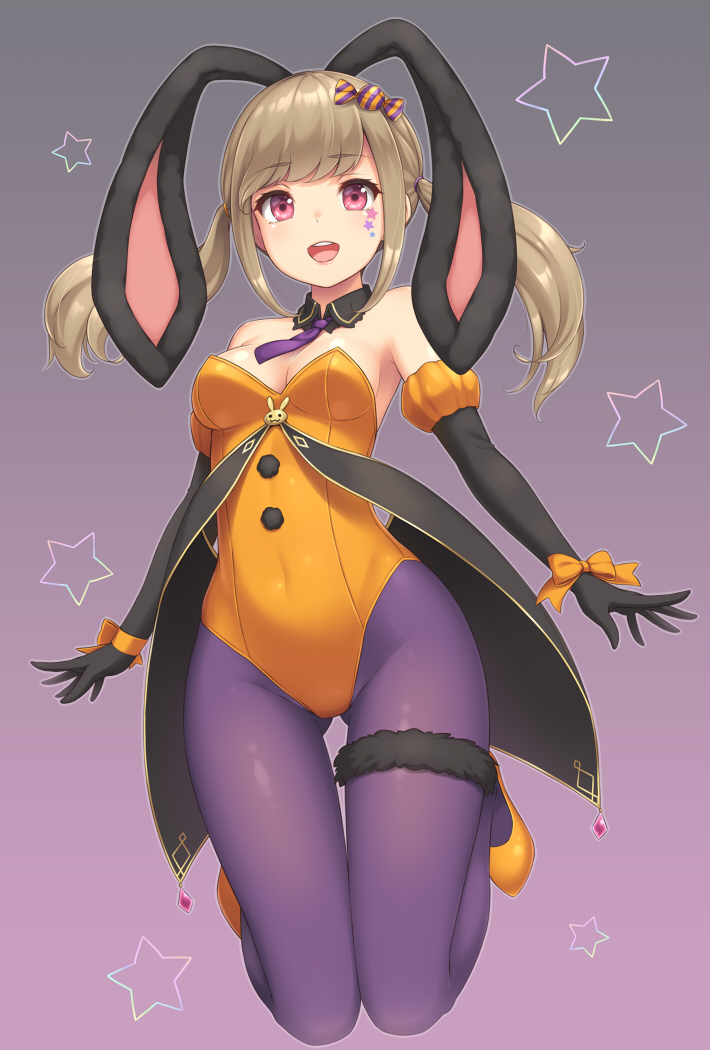 1girl :d animal_ears armpit_peek bangs bare_shoulders black_gloves bow breasts brown_hair bunny_girl bunnysuit candy_hair_ornament cleavage commentary_request covered_navel detached_collar detached_sleeves elbow_gloves extra_ears eyebrows_visible_through_hair facepaint food_themed_hair_ornament full_body gloves gluteal_fold gradient gradient_background groin hair_ornament halloween halloween_costume jumping leg_strap legs_up leotard light_brown_hair long_hair looking_at_viewer medium_breasts mini_necktie necktie open_mouth orange_footwear orange_leotard orange_ribbon original pantyhose pink_eyes purple_background purple_legwear purple_neckwear rabbit_ears ribbon round_teeth sasaame shoes short_necktie sidelocks simple_background sleeveless smile solo star starry_background teeth thigh_gap twintails wing_collar wrist_ribbon yellow_footwear