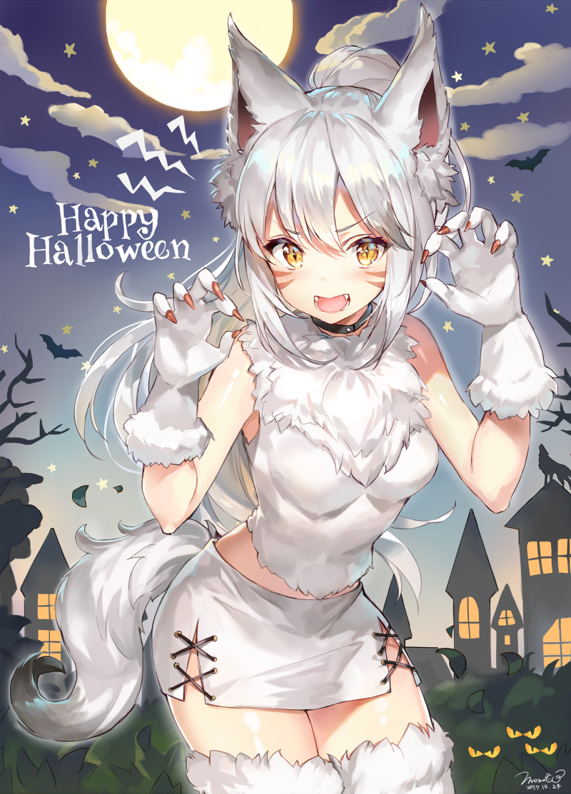 1girl animal_ears bare_arms breasts choker claw_pose cowboy_shot dated eyebrows_visible_through_hair facial_mark fangs final_fantasy final_fantasy_xiv full_moon fur_trim gloves halloween leaning_forward long_hair looking_at_viewer medium_breasts midriff miniskirt miqo'te momoko_(momopoco) moon night open_mouth ponytail silver_hair skirt sky slit_pupils solo star_(sky) starry_sky tail thigh-highs whisker_markings white_gloves white_legwear yellow_eyes