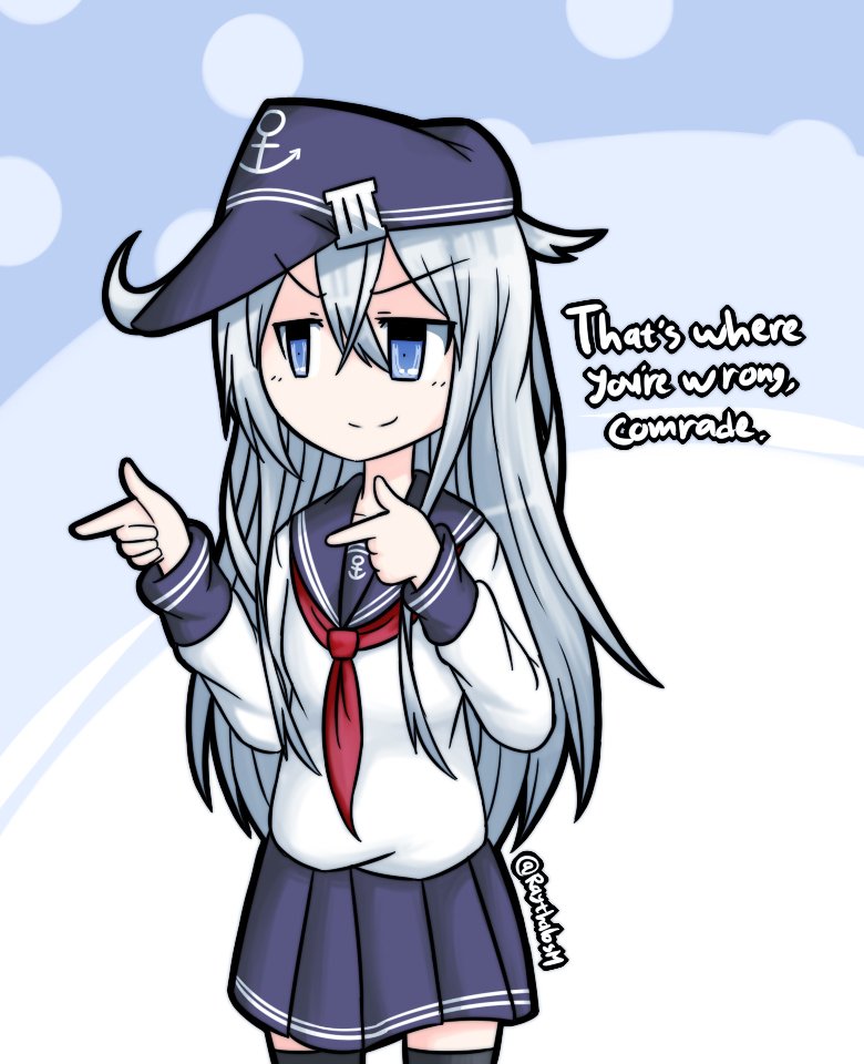 1girl finger_gun hat hibiki_(kantai_collection) kantai_collection long_hair raythalosm school_uniform skirt smile solo tagme text twitter_username white_hair