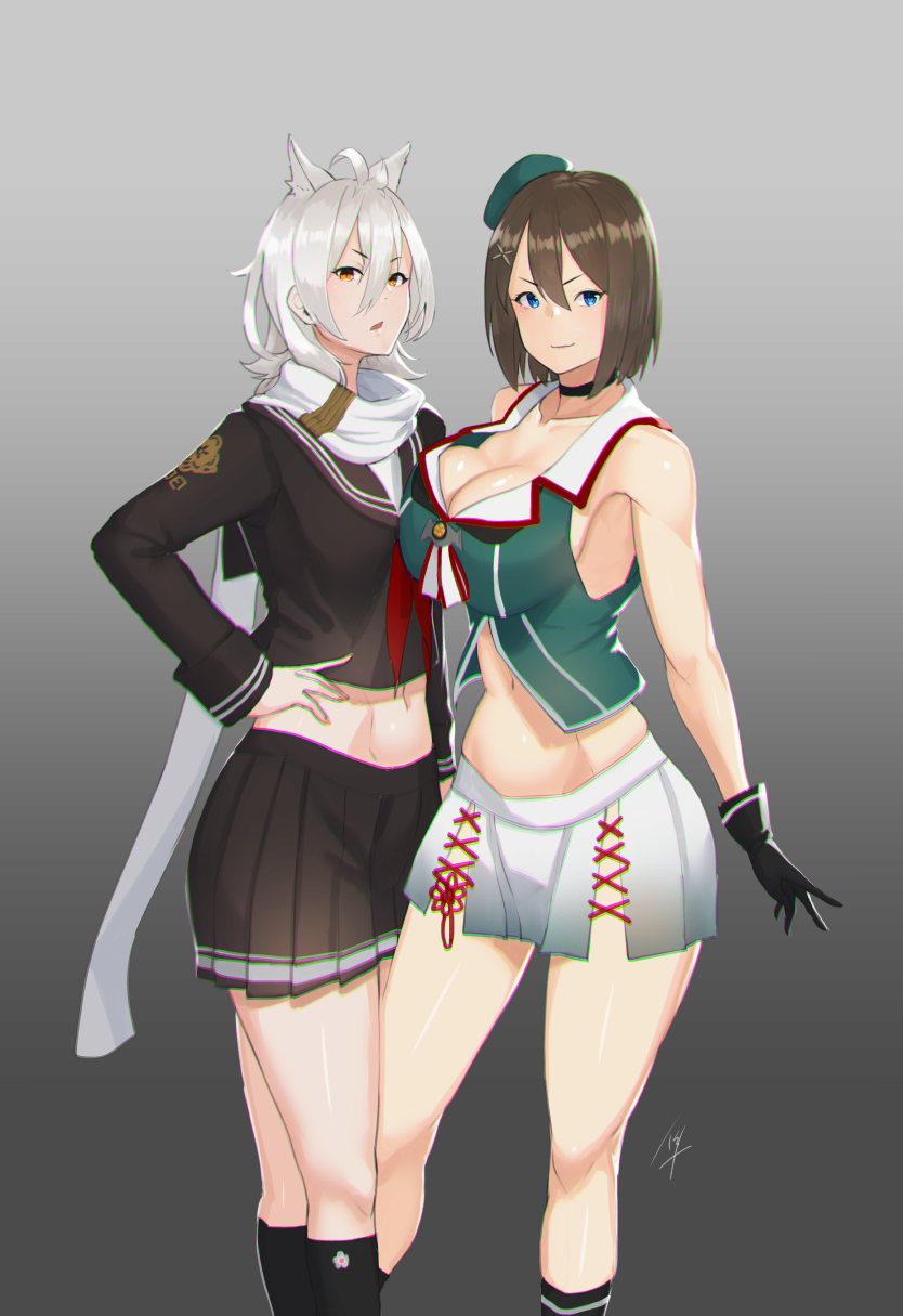 &gt;:) 2girls ahoge animal_ears armpits azur_lane bare_shoulders beret black_gloves black_skirt blue_eyes blush breasts brown_hair choker cleavage closed_mouth collarbone cowboy_shot crossover fox_ears gloves hair_ornament hat hayabusa highres kantai_collection large_breasts long_sleeves looking_at_viewer maya_(azur_lane) maya_(kantai_collection) miniskirt multiple_girls namesake navel neckerchief orange_eyes parted_lips pleated_skirt remodel_(kantai_collection) scarf school_uniform serafuku short_hair silver_hair skirt smile stomach white_scarf white_skirt x_hair_ornament