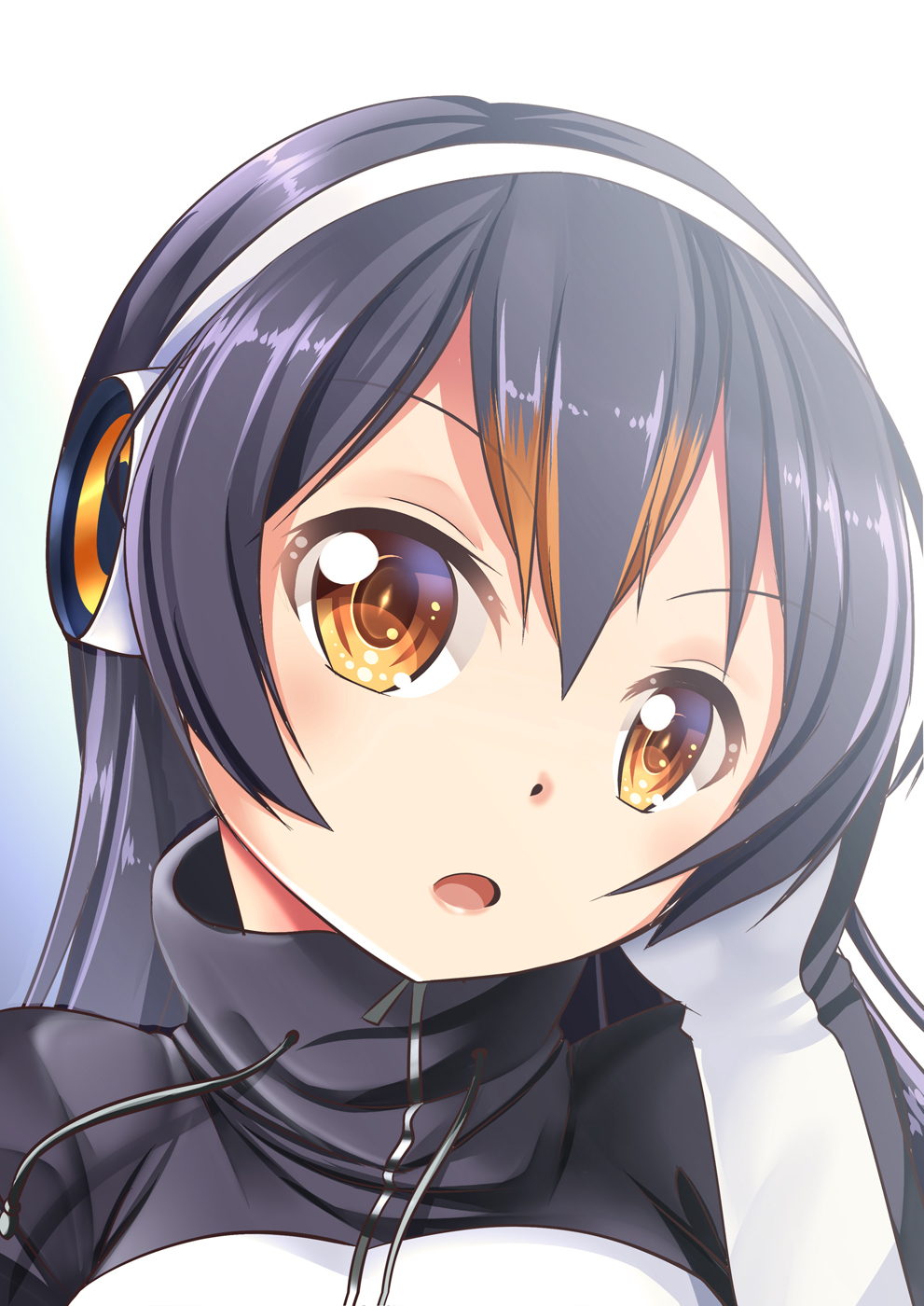 1girl :o black_hair brown_eyes commentary_request dot_nose drawstring eyebrows_visible_through_hair face gentoo_penguin_(kemono_friends) hair_between_eyes hand_on_own_cheek head_tilt headphones highres jacket kemono_friends long_hair looking_at_viewer multicolored_hair open_mouth orange_hair portrait solo yasume_yukito
