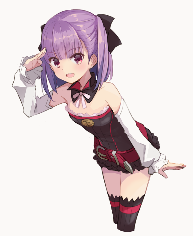 1girl bangs bare_shoulders belt black_bow black_legwear black_skirt blush bow breasts cropped_legs detached_collar detached_sleeves eyebrows_visible_through_hair fate/grand_order fate_(series) grey_background hair_bow hand_up helena_blavatsky_(fate/grand_order) leaning_forward looking_at_viewer open_mouth purple_hair quro_(black_river) short_hair simple_background skirt small_breasts smile solo thigh-highs violet_eyes