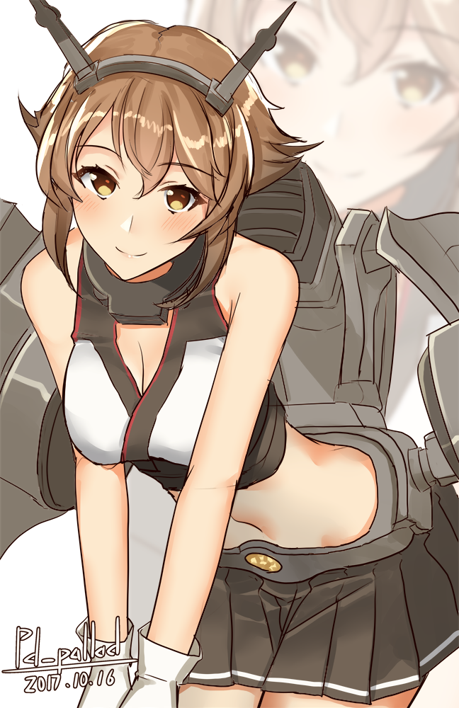 1girl bangs bare_shoulders black_skirt blush breasts brown_eyes brown_hair cleavage closed_mouth collar dated eyebrows_visible_through_hair flipped_hair gloves hair_between_eyes headgear kantai_collection leaning_forward looking_at_viewer medium_breasts mutsu_(kantai_collection) navel pallad pleated_skirt rigging short_hair skirt smile smokestack solo striped striped_skirt turret twitter_username white_background white_gloves zoom_layer