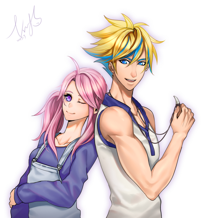 1boy 1girl ahoge alternate_costume blonde_hair blue_eyes blue_hair casual ezreal krys league_of_legends leaning_on_person looking_at_viewer luxanna_crownguard multicolored_hair one_eye_closed overalls pink_hair signature simple_background smile spiky_hair star_guardian_ezreal star_guardian_lux tooth_necklace twintails two-tone_hair violet_eyes white_background