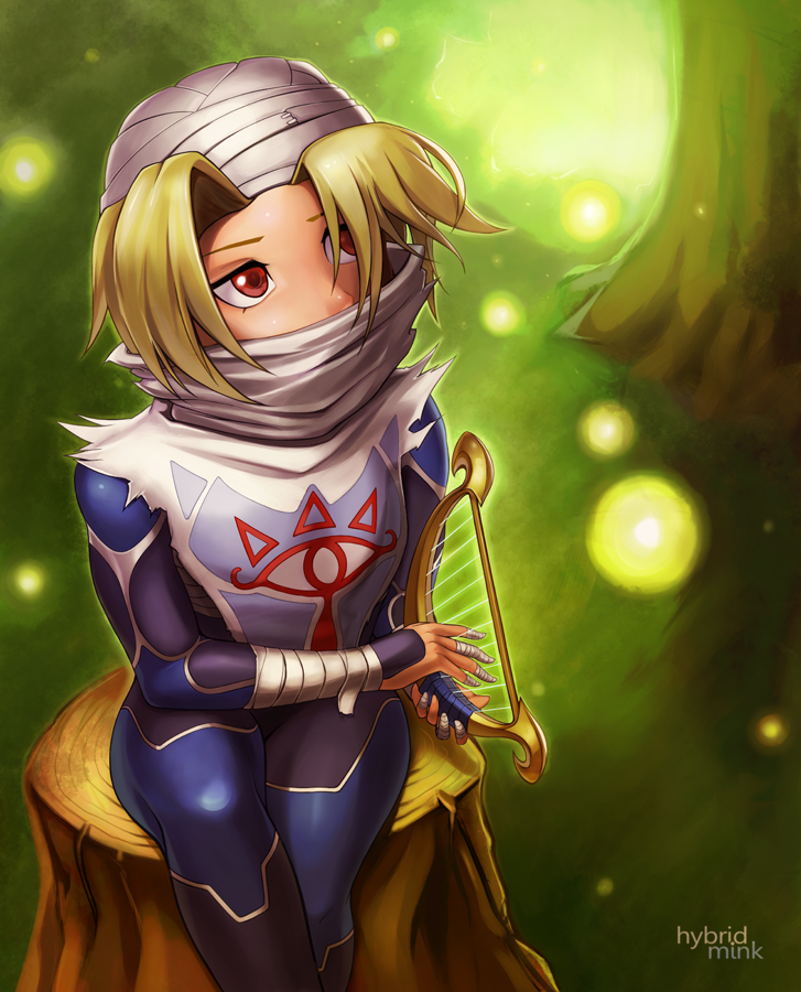 1girl androgynous bandage blonde_hair braid forest gloves hat hybridmink long_hair mask nature pointy_ears red_eyes reverse_trap sheik solo surcoat the_legend_of_zelda the_legend_of_zelda:_ocarina_of_time