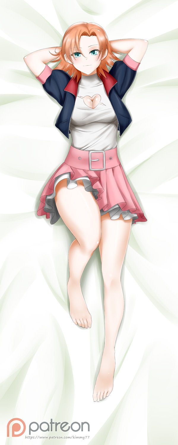 1girl alfred_cullado arms_behind_head belt blush breasts cleavage_cutout cropped_jacket dakimakura green_eyes highres jacket looking_at_viewer lying medium_breasts nora_valkyrie on_back orange_hair rwby short_hair skirt smile solo thigh-highs