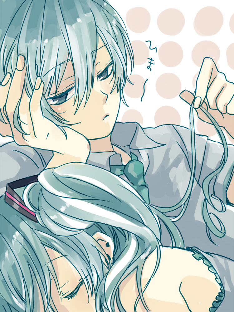 1boy 1girl close-up closed_eyes closed_mouth dual_persona genderswap genderswap_(ftm) hand_on_own_cheek hatsune_miku hatsune_mikuo looking_at_another necktie patterned_background polka_dot polka_dot_background sleeping upper_body vocaloid yamako_(state_of_children)