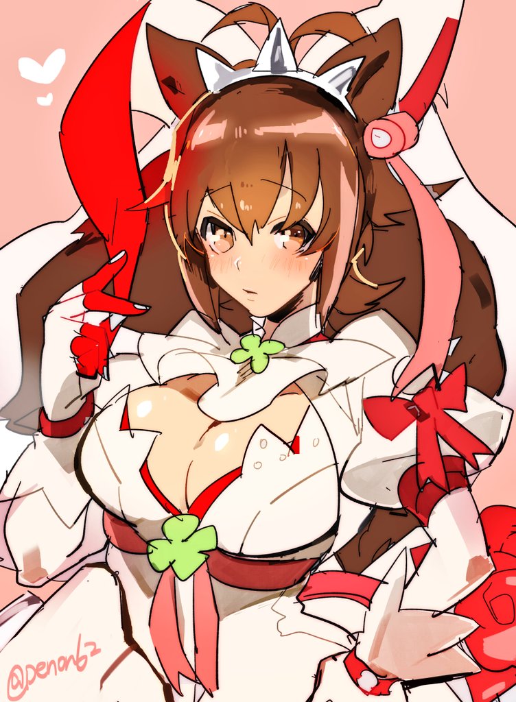 1girl animal_ears antenna_hair blazblue blush breasts brown_eyes brown_hair cleavage clover cosplay elphelt_valentine elphelt_valentine_(cosplay) gloves guilty_gear guilty_gear_xrd large_breasts looking_at_viewer makoto_nanaya multicolored_hair solo spikes squirrel_ears squirrel_tail sumi_(penon62) tail two-tone_hair