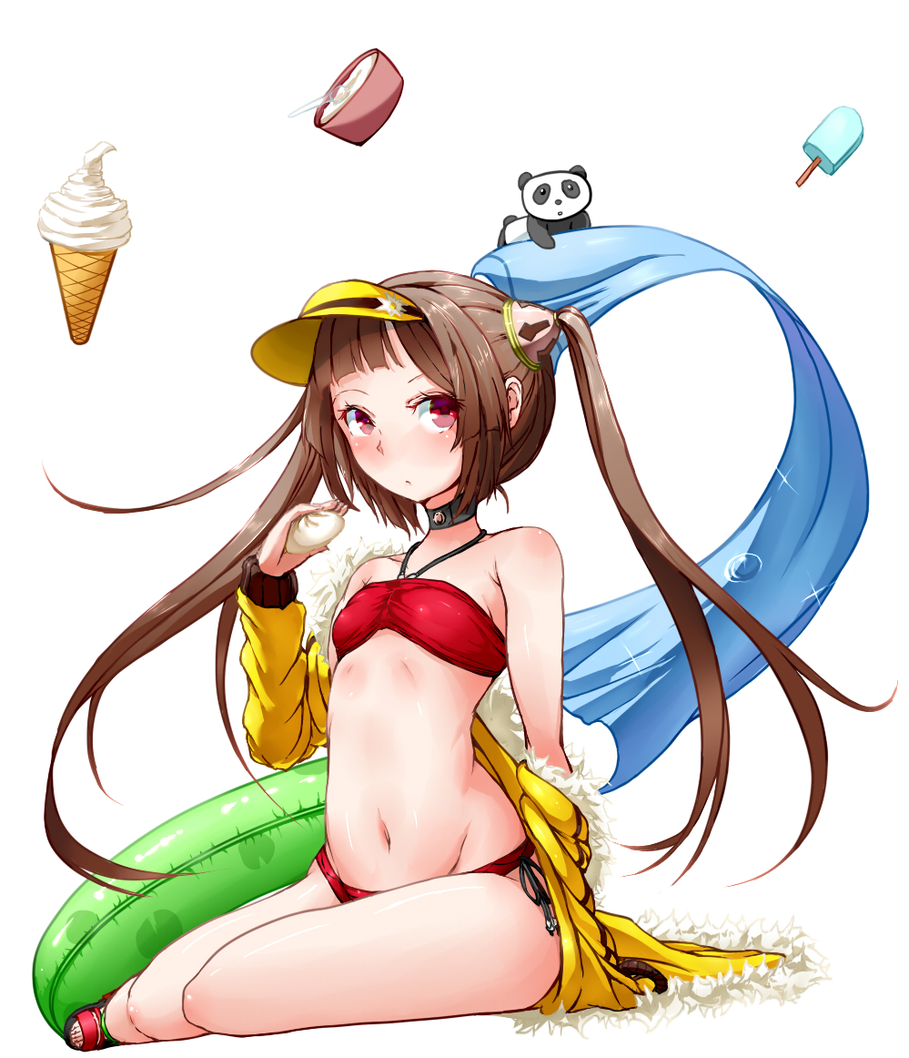 1girl arm_at_side arm_support azur_lane bangs bikini brown_hair choker dumpling food fur_trim hair_ornament hand_to_own_mouth hat holding ice_cream jacket jiaozi long_hair looking_at_viewer navel off_shoulder red_bikini red_eyes red_swimsuit sandals side-tie_bikini sidelocks sitting stuffed_animal stuffed_toy sun_hat swimsuit twintails white_background yellow_jacket yogurt yokozuwari