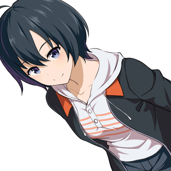 1girl arms_at_sides black_hair grey_eyes hood hoodie huyumitsu looking_at_viewer shirt short_hair smile solo standing striped striped_shirt