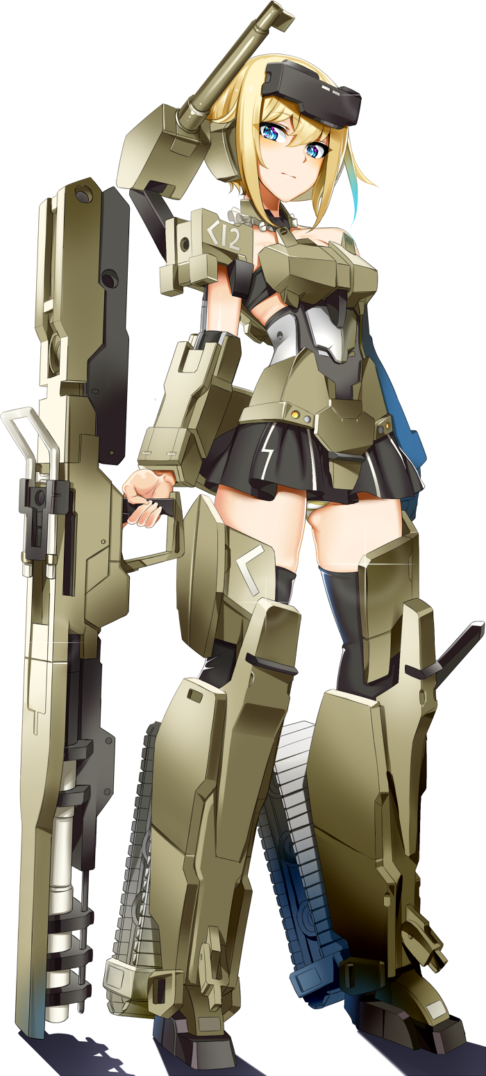 1girl armor bazooka black_legwear blonde_hair blue_eyes blush closed_mouth commentary_request detached_collar diffraction_spikes expressionless eyebrows_visible_through_hair eyes_visible_through_hair frame_arms_girl full_body gluteal_fold gourai gun hair_between_eyes headgear highres holding holding_gun holding_weapon koko_shiguma looking_at_viewer mecha_musume panties shiny shiny_skin short_hair shoulder_cannon simple_background skirt solo standing striped striped_panties thigh-highs underwear weapon white_background