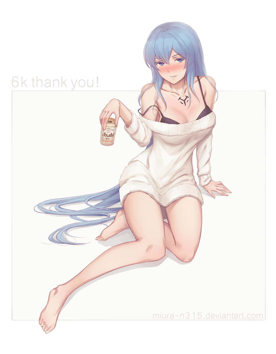 1girl akame_ga_kill! alternate_costume arm_support artist_name bangs bare_legs bare_shoulders barefoot beer_can black_bra blue_eyes blue_hair bra breasts can cleavage collarbone colored_eyelashes dress drunk esdeath full_body highres holding long_hair long_sleeves medium_breasts miura-n315 off-shoulder_sweater parted_lips smile solo strap_slip sweater sweater_dress tattoo thank_you underwear very_long_hair weapon white_background