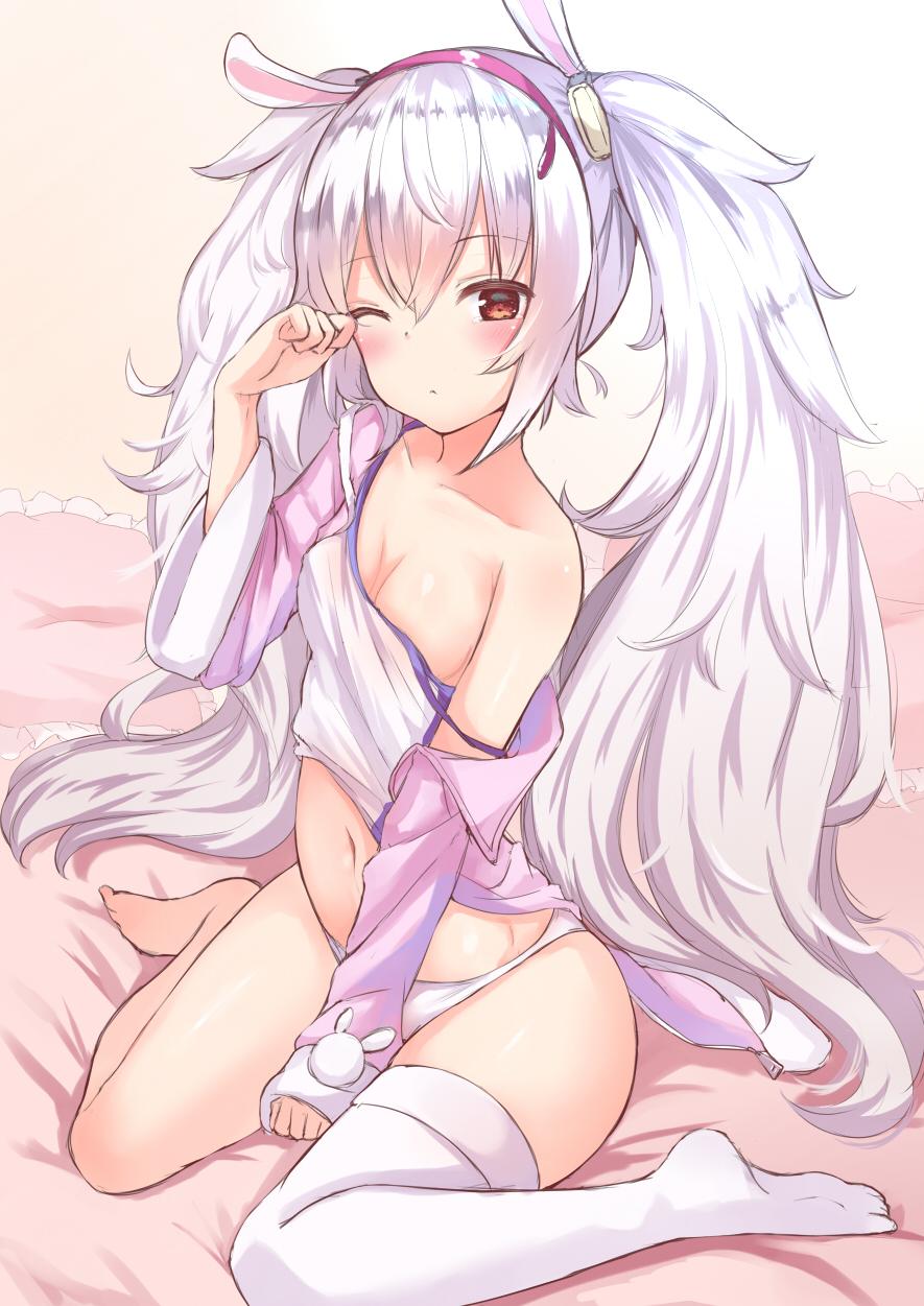 1girl animal_ears azur_lane bangs bare_shoulders bed_sheet blush camisole collarbone hairband highres laffey_(azur_lane) long_hair long_sleeves looking_at_viewer navel one_eye_closed panties pillow rabbit_ears red_eyes single_thighhigh sitting solo strap_slip thigh-highs twintails underwear wariza white_hair white_legwear white_panties yukishiro_arute