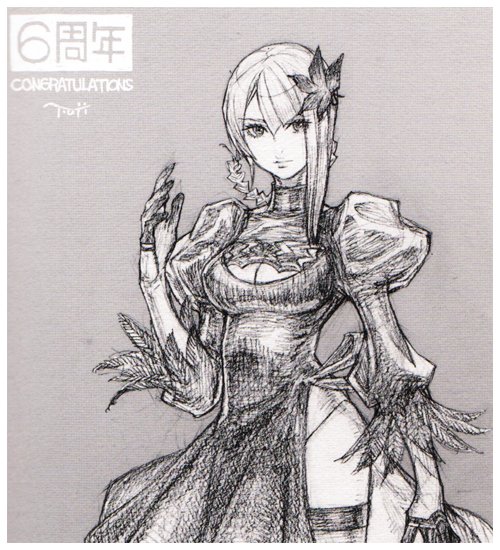 1girl asymmetrical_hair black_dress breasts cleavage cosplay dress feather-trimmed_sleeves flower fujisaka_kimihiko gloves greyscale hair_flower hair_ornament kaine_(nier) leotard_under_clothes looking_at_viewer monochrome nier nier_(series) nier_automata official_art puffy_sleeves side_slit solo square_enix thigh-highs upper_body yorha_no._2_type_b yorha_no._2_type_b_(cosplay)