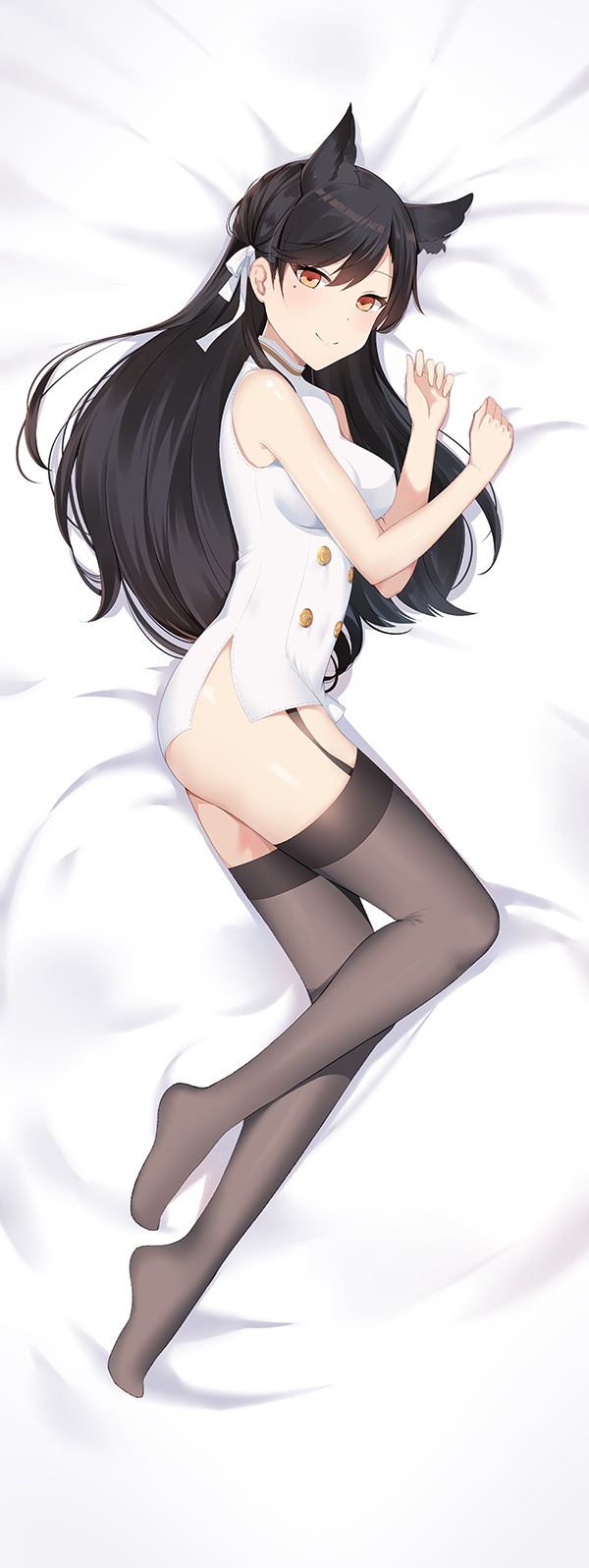 1girl animal_ears atago_(azur_lane) azur_lane bangs bare_arms bare_shoulders bed_sheet black_hair black_legwear blush breasts closed_mouth double-breasted dress from_above garter_straps hair_ribbon highres linhe_de_chuangzi long_hair long_sleeves looking_at_viewer lying medium_breasts mole mole_under_eye no_shoes on_side ribbon short_dress side_slit sleeveless sleeveless_dress smile solo swept_bangs thigh-highs thighs white_dress white_ribbon