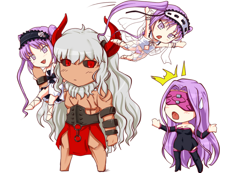 1boy 3girls asterios_(fate/grand_order) black_bow black_ribbon black_sclera blindfold blush boots bow chibi commentary_request dress euryale facial_mark fang fate/grand_order fate_(series) forehead_mark hairband happa16 jumping lolita_hairband long_hair looking_at_another multiple_girls no_nose on_shoulder open_mouth purple_hair red_eyes ribbon rider scar shirtless siblings sisters stheno strapless strapless_dress sweatdrop thigh-highs thigh_boots triangle_mouth twintails very_long_hair white_background white_hair white_ribbon