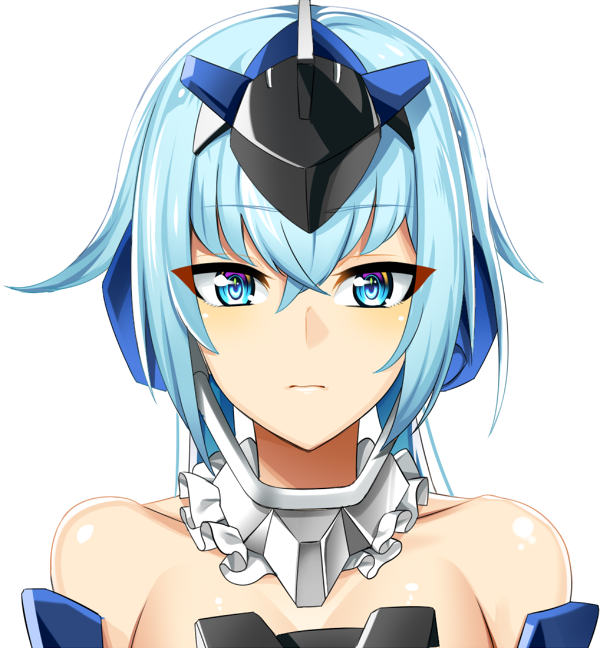 1girl bare_shoulders blue_eyes blue_hair blush breasts cleavage closed_mouth commentary_request detached_collar expressionless eyebrows_visible_through_hair eyes_visible_through_hair frame_arms_girl gloves hair_between_eyes headgear koko_shiguma long_hair looking_at_viewer mecha mecha_musume shiny shiny_hair shiny_skin simple_background solo stylet twintails upper_body white_background