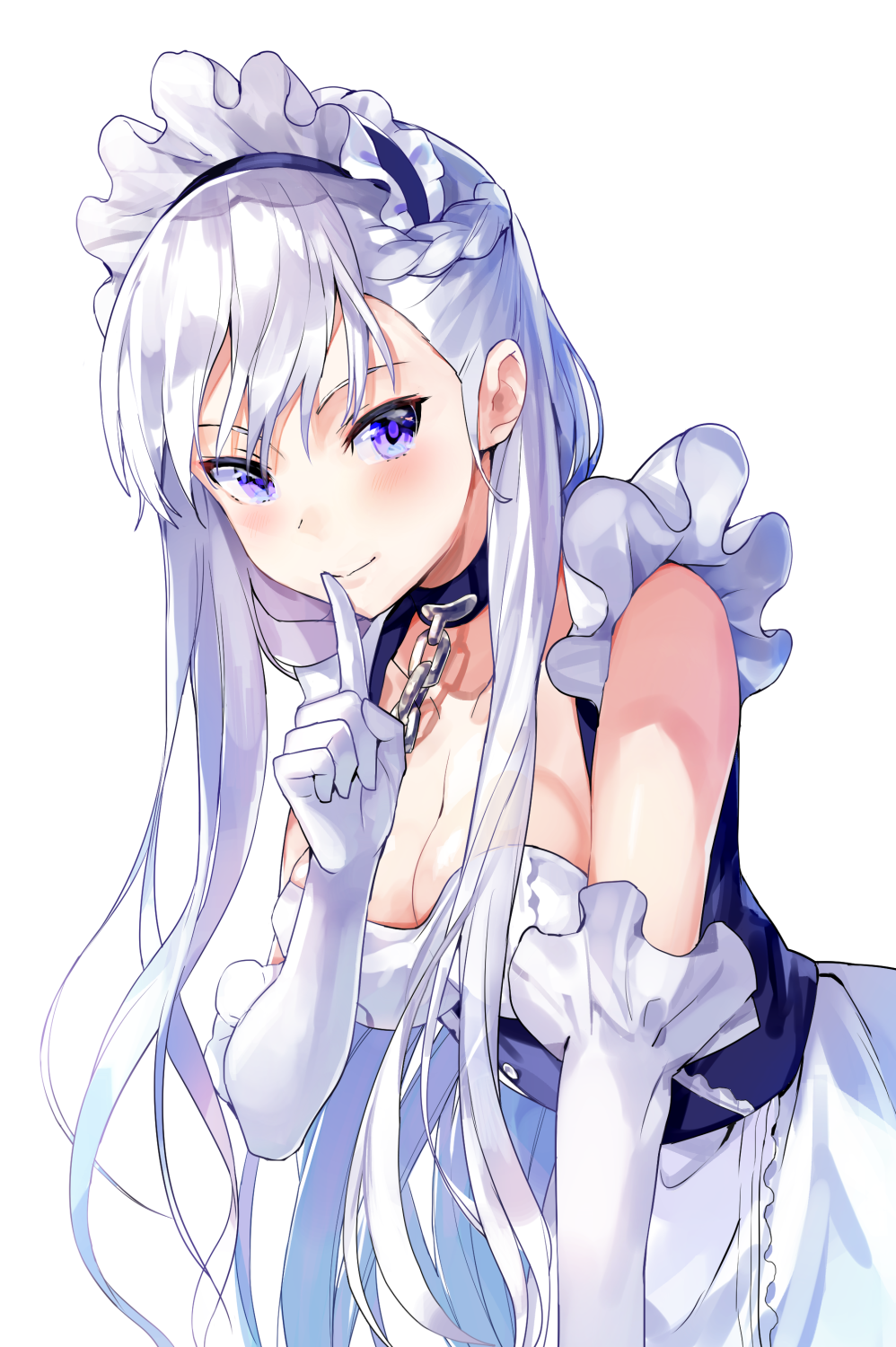 1girl azur_lane bare_shoulders belfast_(azur_lane) blue_eyes blush braid breasts chains cleavage collar collarbone commentary_request eyebrows_visible_through_hair finger_to_mouth gloves highres index_finger_raised large_breasts long_hair looking_at_viewer maid maid_headdress nanotaro shushing silver_hair smile solo