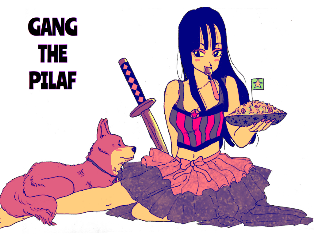 1girl animal bare_legs bare_shoulders black_eyes black_hair blush_stickers character_name dog dragon_ball eyeshadow flag food katana lipstick long_hair looking_away mai_(dragon_ball) makeup nail_polish navel ornament pink_nails plate ribbon rice simple_background skirt smile solo spoon spoon_in_mouth star sword tank_top text weapon white_background