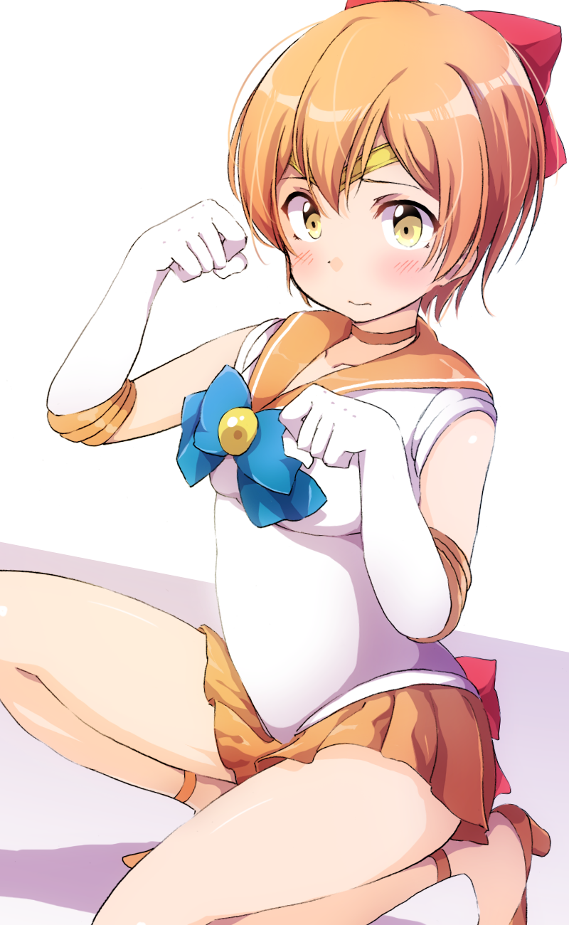 1girl bishoujo_senshi_sailor_moon blush bow choker cosplay elbow_gloves gloves hair_bow highres hoshizora_rin leotard love_live! love_live!_school_idol_project magical_girl orange_footwear orange_hair orange_neckwear orange_sailor_collar orange_skirt paw_pose pleated_skirt red_bow sailor_venus sailor_venus_(cosplay) sen_(sen0910) short_hair skirt solo white_gloves yellow_eyes