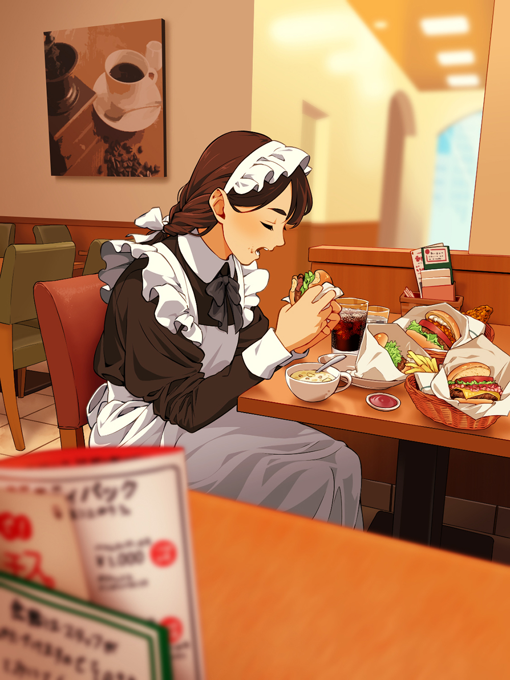 1girl apron bowl burger cafe chair cheese closed_eyes cola cup drinking_glass eating food french_fries highres ice ice_cube ketchup lettuce maid maid_apron maid_headdress menu original plate sauce sliced_cheese sliced_meat solo soup spoon suzushiro_(suzushiro333) table