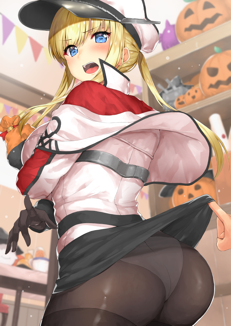 1girl ass bangs bismarck_(kantai_collection) black_legwear blonde_hair blue_eyes body_mahattaya_ginga breasts capelet commentary_request cosplay cowboy_shot d: eyebrows_visible_through_hair from_behind graf_zeppelin_(kantai_collection) graf_zeppelin_(kantai_collection)_(cosplay) halloween hat indoors jack-o'-lantern kantai_collection large_breasts looking_at_viewer looking_back miniskirt open_mouth out_of_frame panties panties_under_pantyhose pantyhose peaked_cap pennant pov sidelocks skirt skirt_lift solo_focus teeth thighband_pantyhose twintails underwear