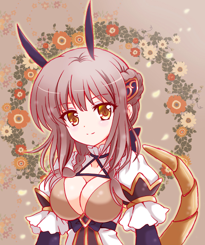 1girl blush braid breasts brown_hair burafu cleavage dragon_horns dragon_tail flower genderswap genderswap_(mtf) horns la_pucelle_(mahoiku) large_breasts long_hair looking_at_viewer magical_girl mahou_shoujo_ikusei_keikaku smile solo tail twin_braids wreath yellow_eyes