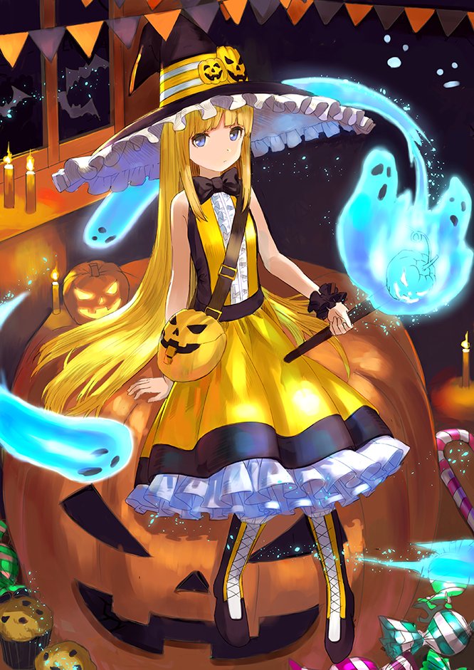 1girl bag bangs bare_shoulders black_hat black_legwear blonde_hair blue_eyes blunt_bangs boots bow bowtie closed_mouth commentary_request dress frilled_dress frilled_hat frills ghost halloween hat holding holding_wand long_hair looking_at_viewer original pumpkin shoulder_bag sitting very_long_hair wand wasabi60 witch witch_hat wristband yellow_dress