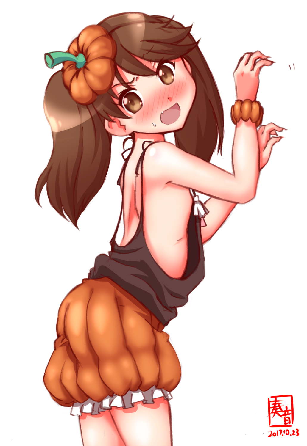 alternate_hairstyle blush brown_eyes brown_hair commentary_request cosplay flat_chest hat highres kanon_(kurogane_knights) kantai_collection libeccio_(kantai_collection) libeccio_(kantai_collection)_(cosplay) long_hair open_mouth pumpkin_pants ryuujou_(kantai_collection) sideboob sketch twintails