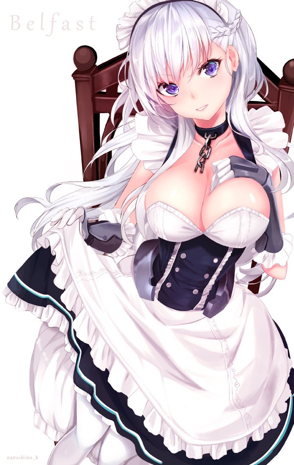 1girl artist_name azur_lane bangs belfast_(azur_lane) black_gloves blue_eyes breasts character_name cleavage collar corset dress eyebrows_visible_through_hair frills gauntlets gloves half_updo hand_on_own_chest haruka_natsuki head_tilt large_breasts long_hair looking_at_viewer maid_headdress open_mouth signature silver_hair skirt skirt_hold sleeveless solo white_skirt